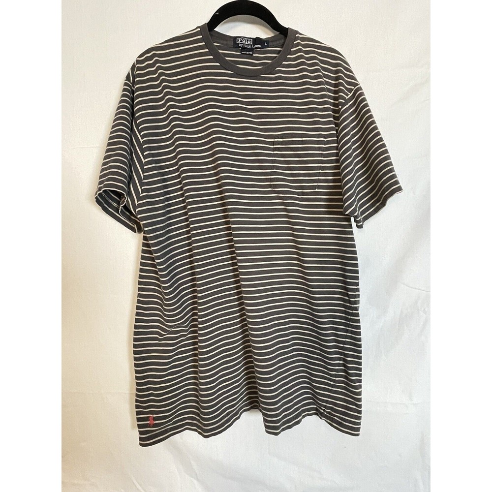 Polo by Ralph Lauren T-Shirt Gray & White Stripe with Pocket Large Cotton USA